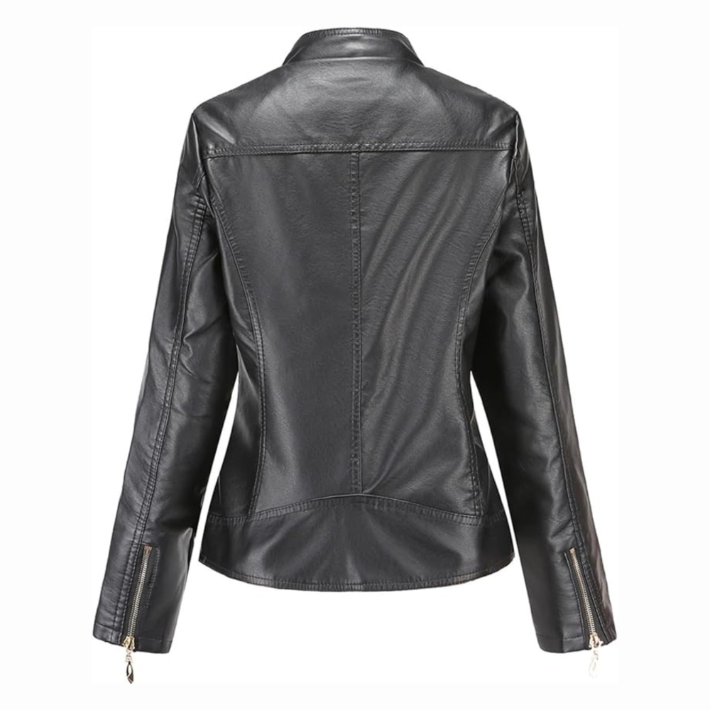 Women's Slim Fit Leather Jacket with Zip Pockets
