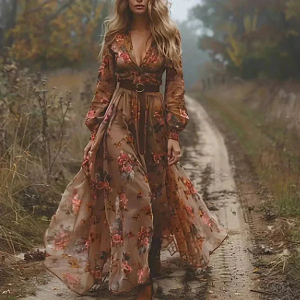 Bohemian Bloemenprint Maxi Jurk met Lange Mouwen
