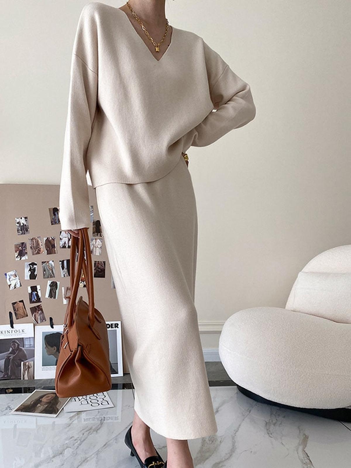 Dames 2-Delige Winterset V-hals Trui En Rok