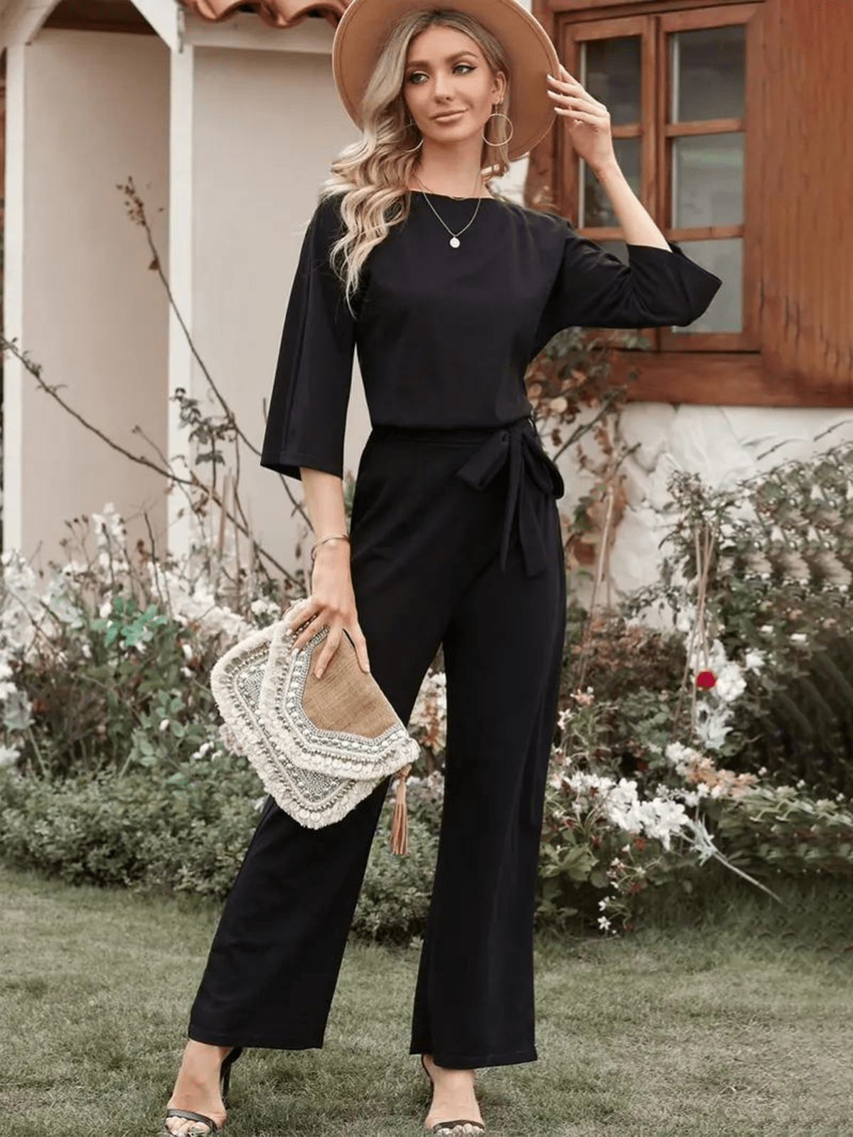 Dames Jumpsuit Met Strikceintuur Wijde Benen En ¾ Mouwen