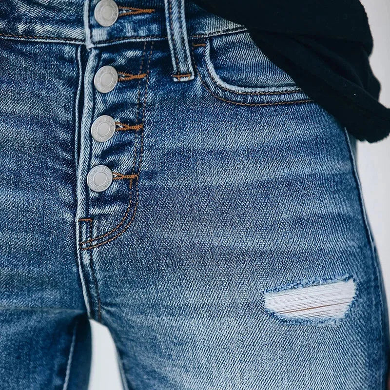 Dames Slim Fit Ripped Denim Jeans