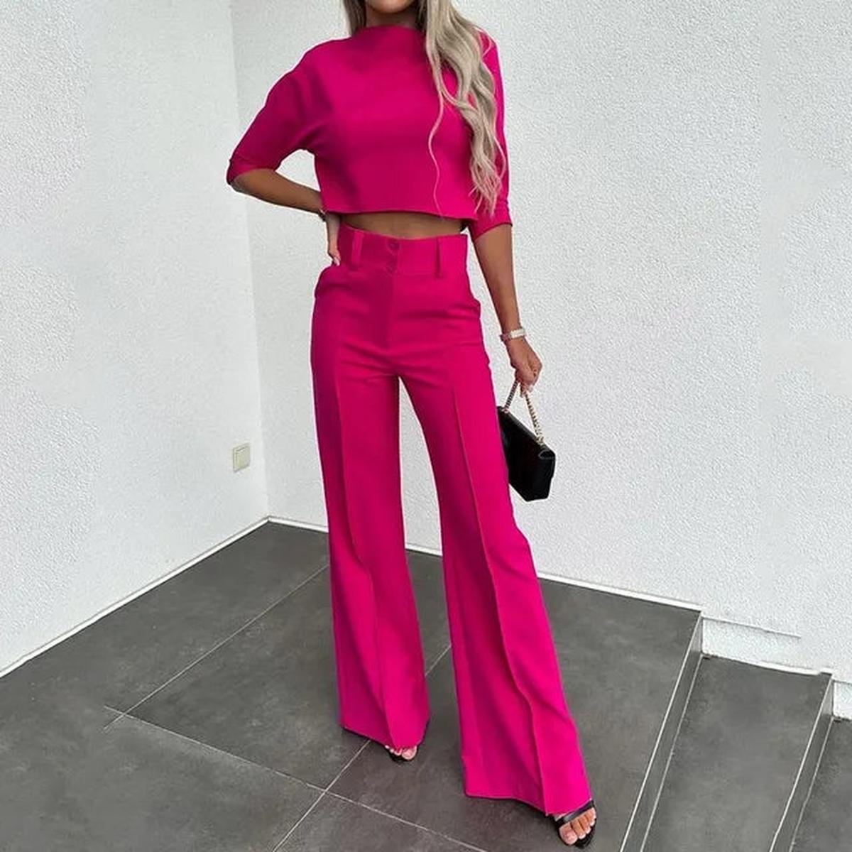 Dames Tweedelig Set Hoge Taille Wide Leg Pantalon en Cropped Top
