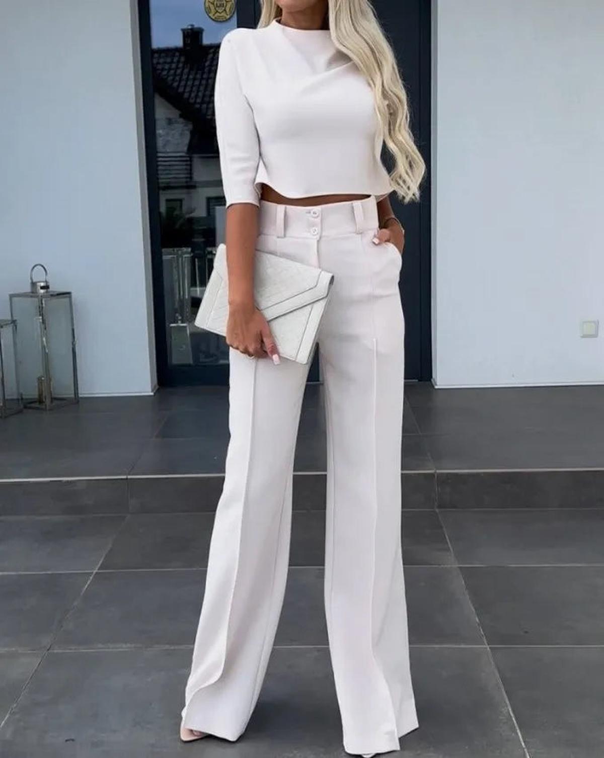 Dames Tweedelig Set Hoge Taille Wide Leg Pantalon en Cropped Top