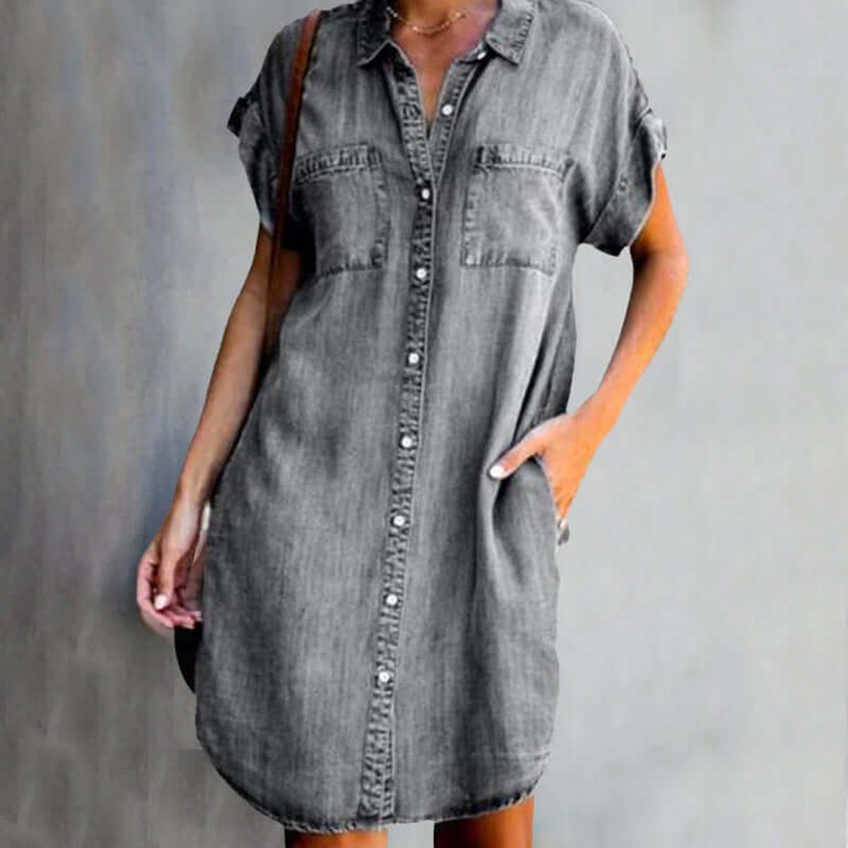 Denim Overhemdjurk Dames - Korte Mouw Button-Down Jurk