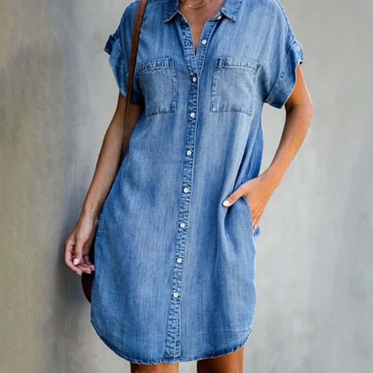 Denim Overhemdjurk Dames - Korte Mouw Button-Down Jurk