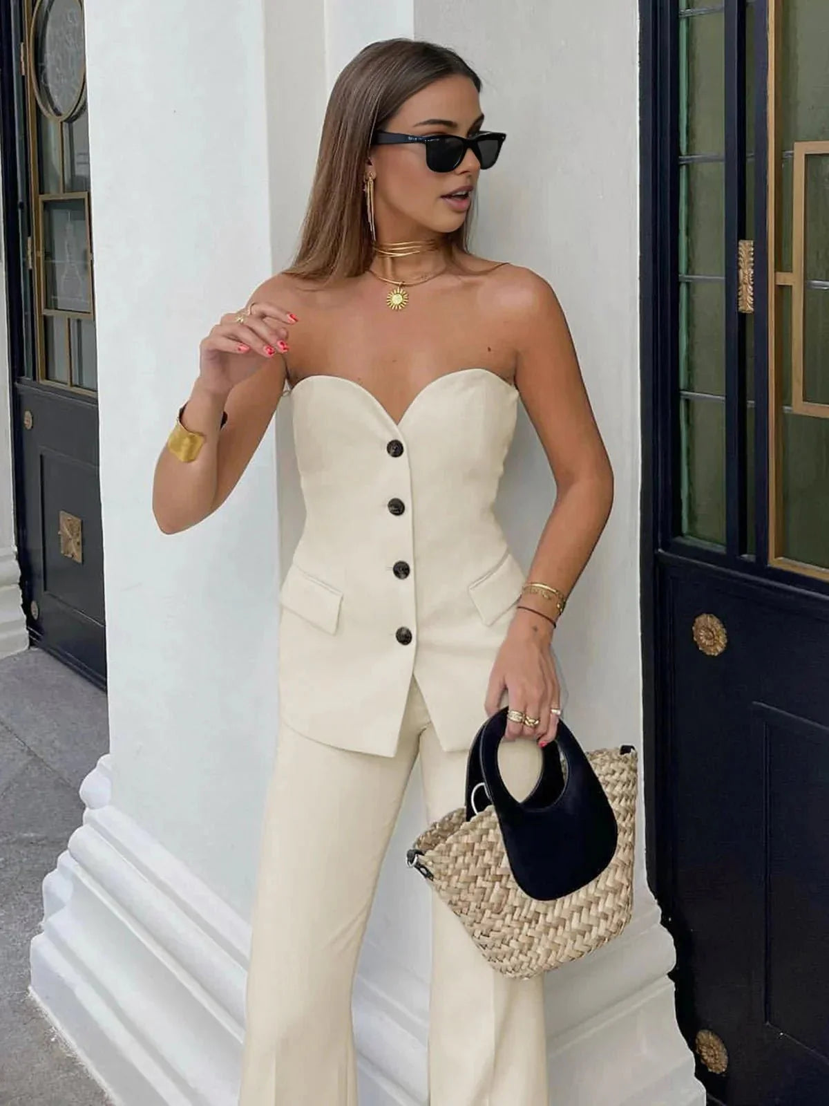 Effen Tube Top met Wijde Pantalon Set