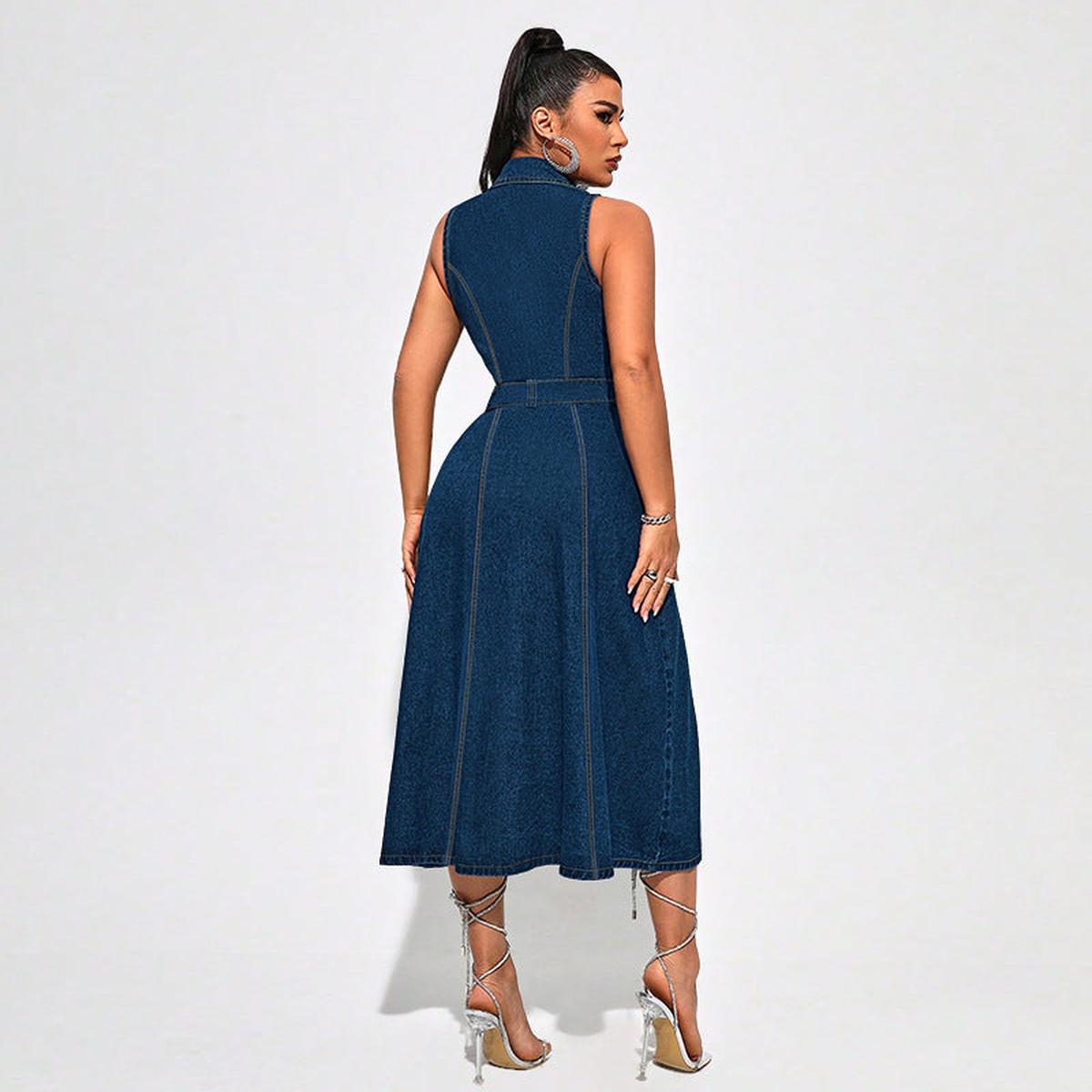 Elegante Denim-Look Midi Jurk met Riem - Luchtig & Getailleerd