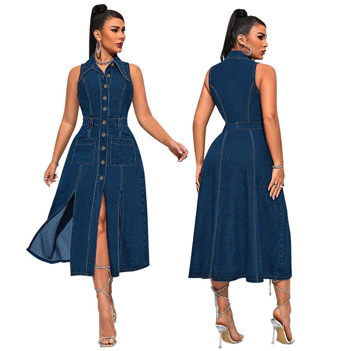 Elegante Denim-Look Midi Jurk met Riem - Luchtig & Getailleerd