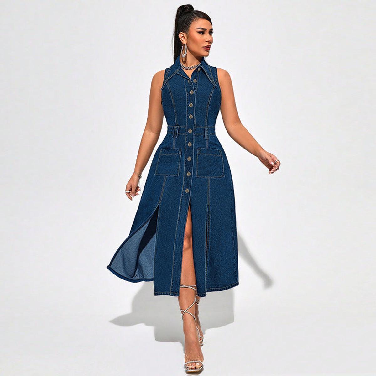Elegante Denim-Look Midi Jurk met Riem - Luchtig & Getailleerd