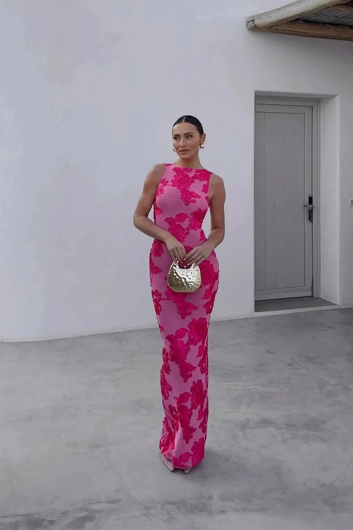 Geborduurd Mouwloos Maxi Jurk met Bloemen