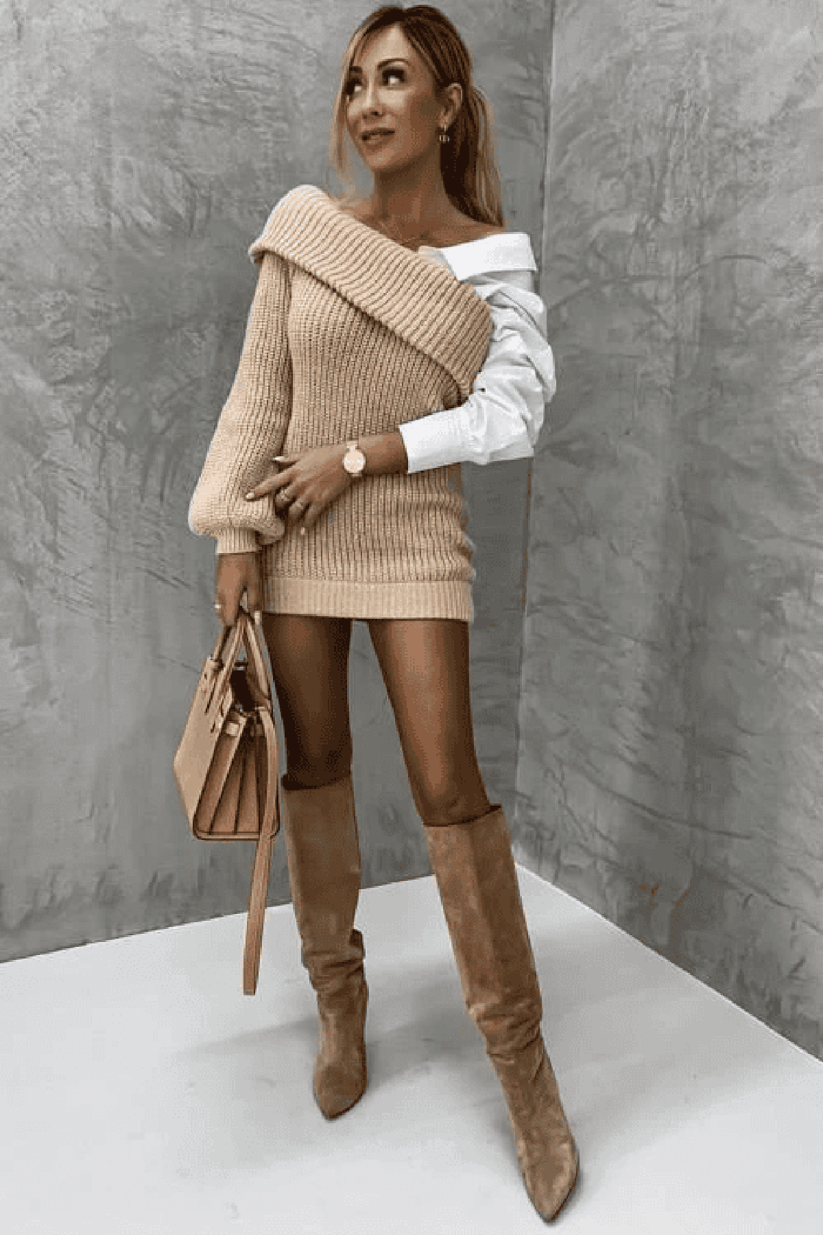 Gebreide Jurk Met Aangehechte Blouse En Hartborduursel Voor Herfst En Winter