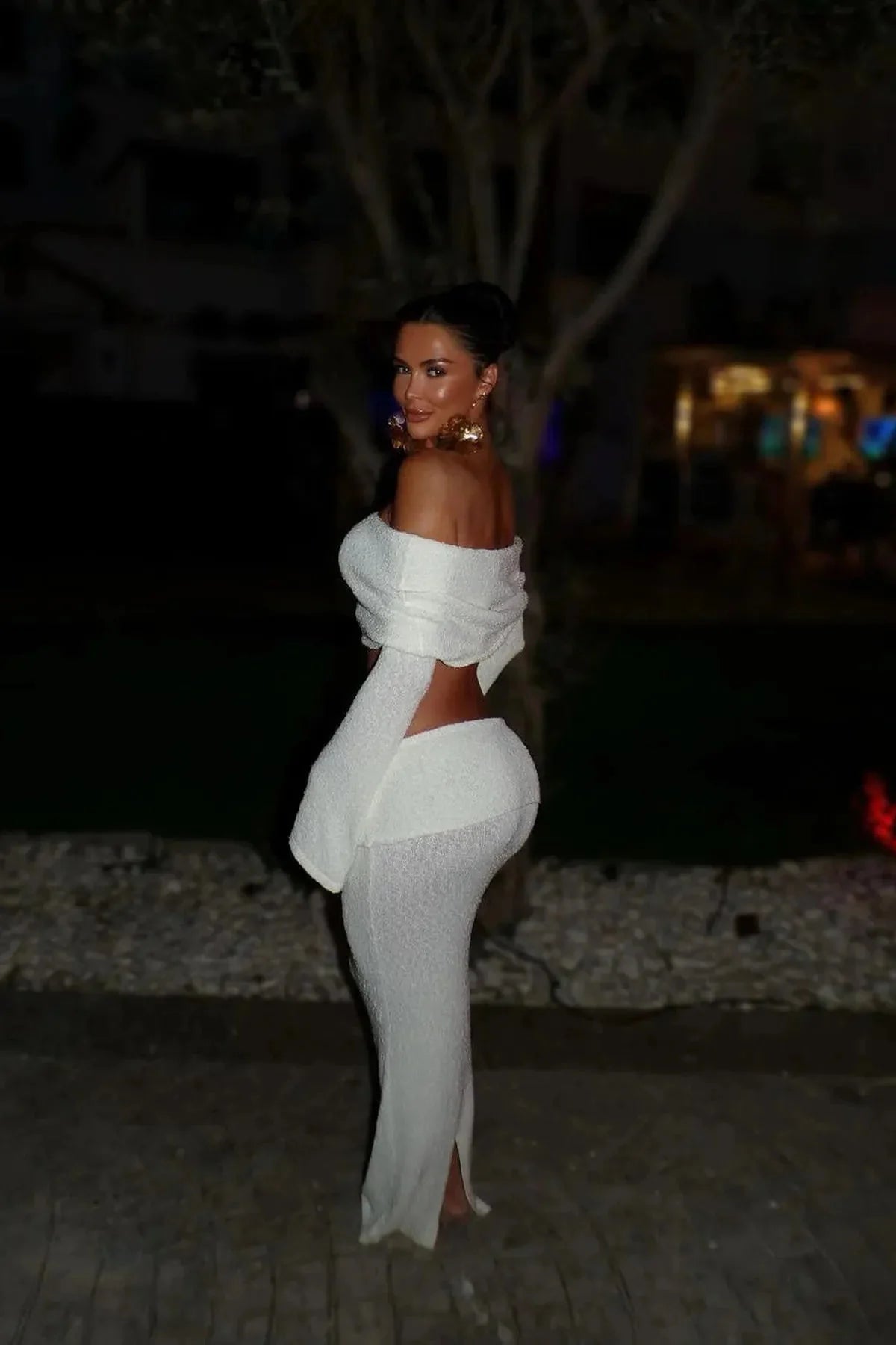 Gebreide Off-Shoulder Boucle Top & Maxi Rok Set