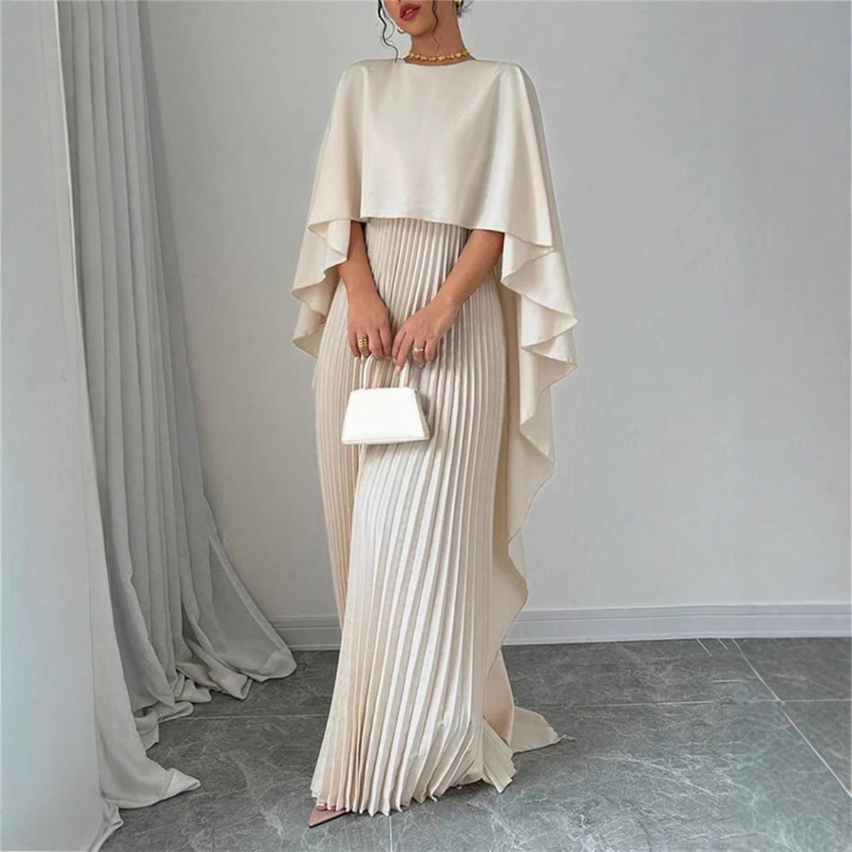 High Neck Maxi Dress with Batwing Sleeves - Pleated Skirt Mix