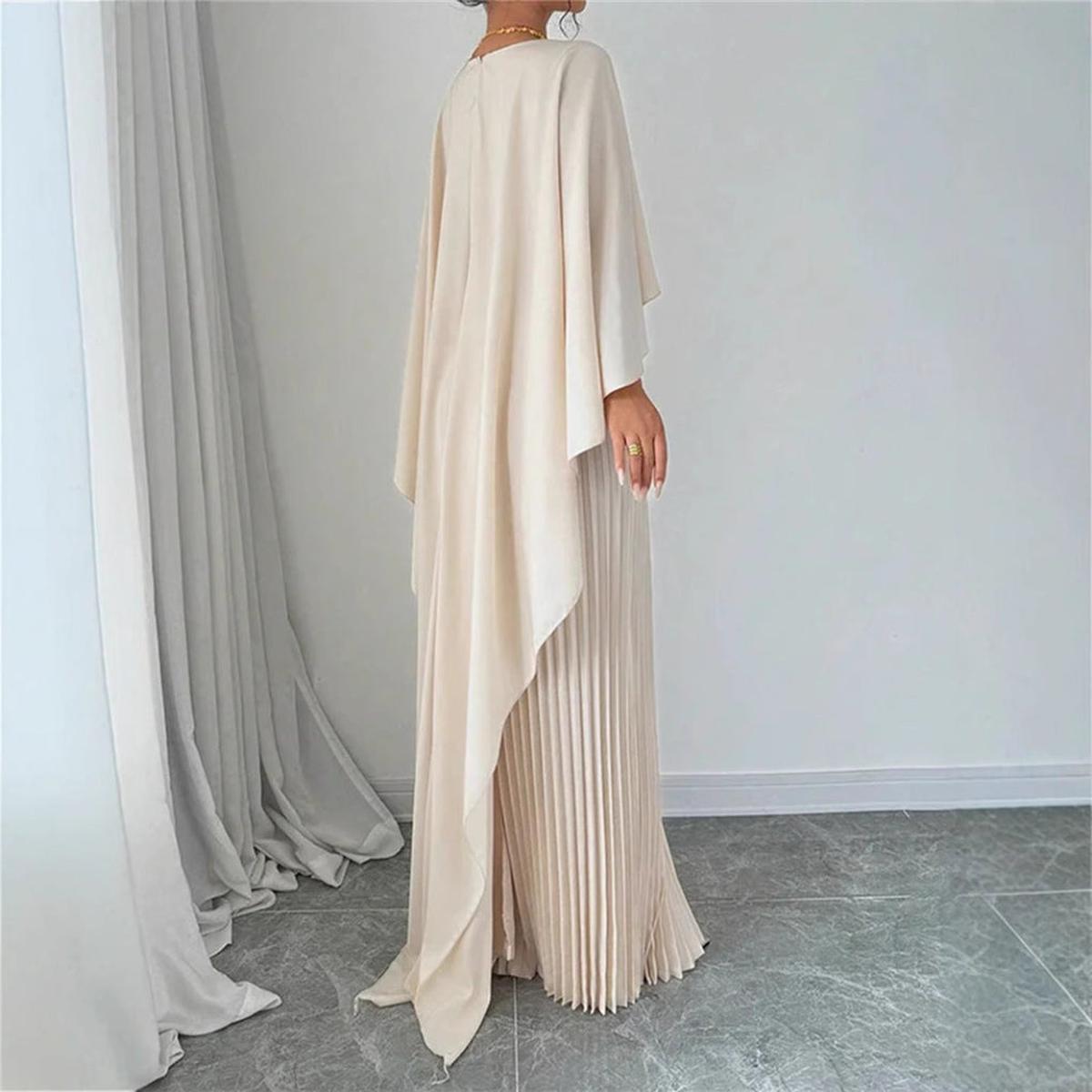 High Neck Maxi Dress with Batwing Sleeves - Pleated Skirt Mix
