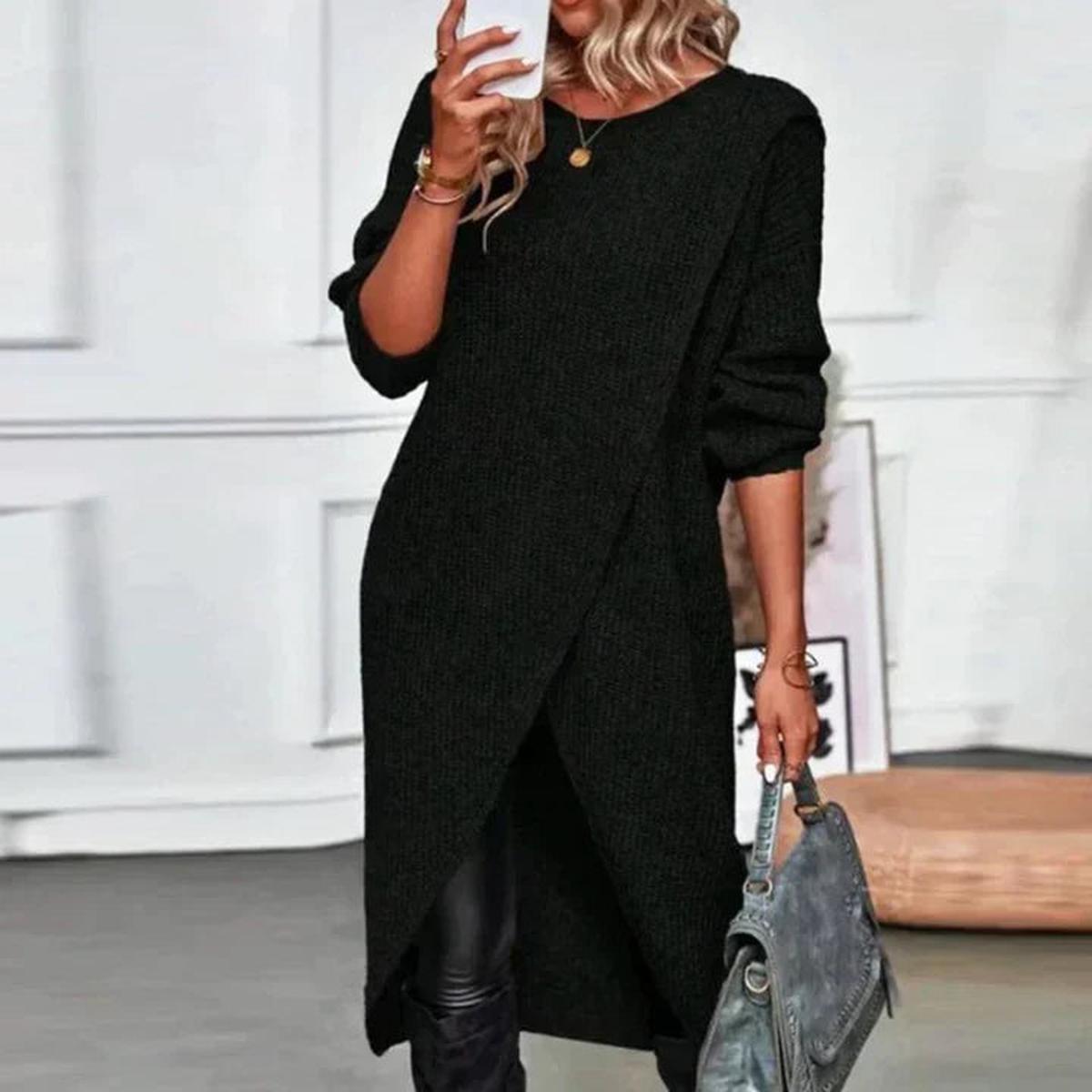 Lange Gebreide Jurk Met Wikkelontwerp Voor Casual En Kantoorgebruik