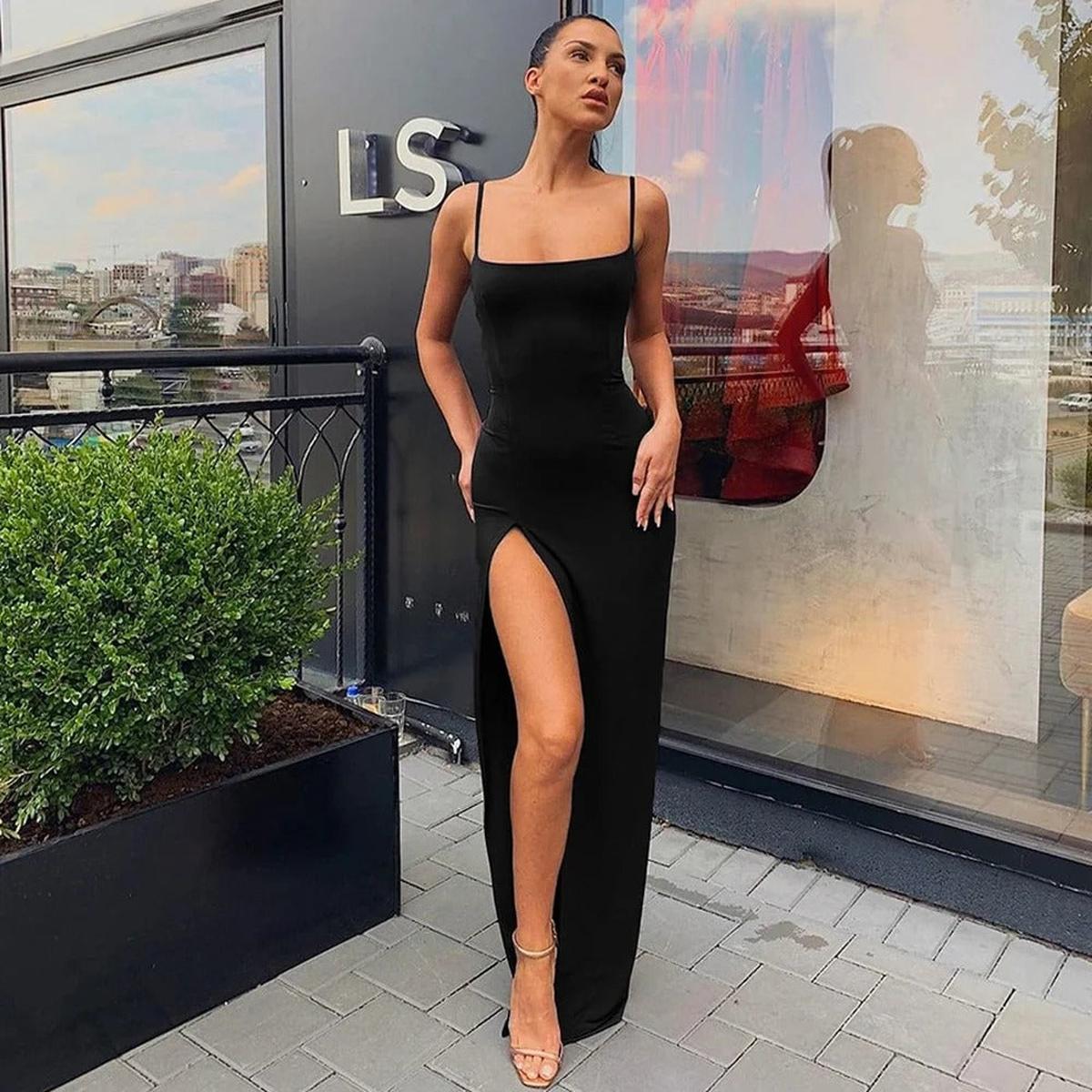 Maxi Bodycon Dress with Spaghetti Straps & Side Split