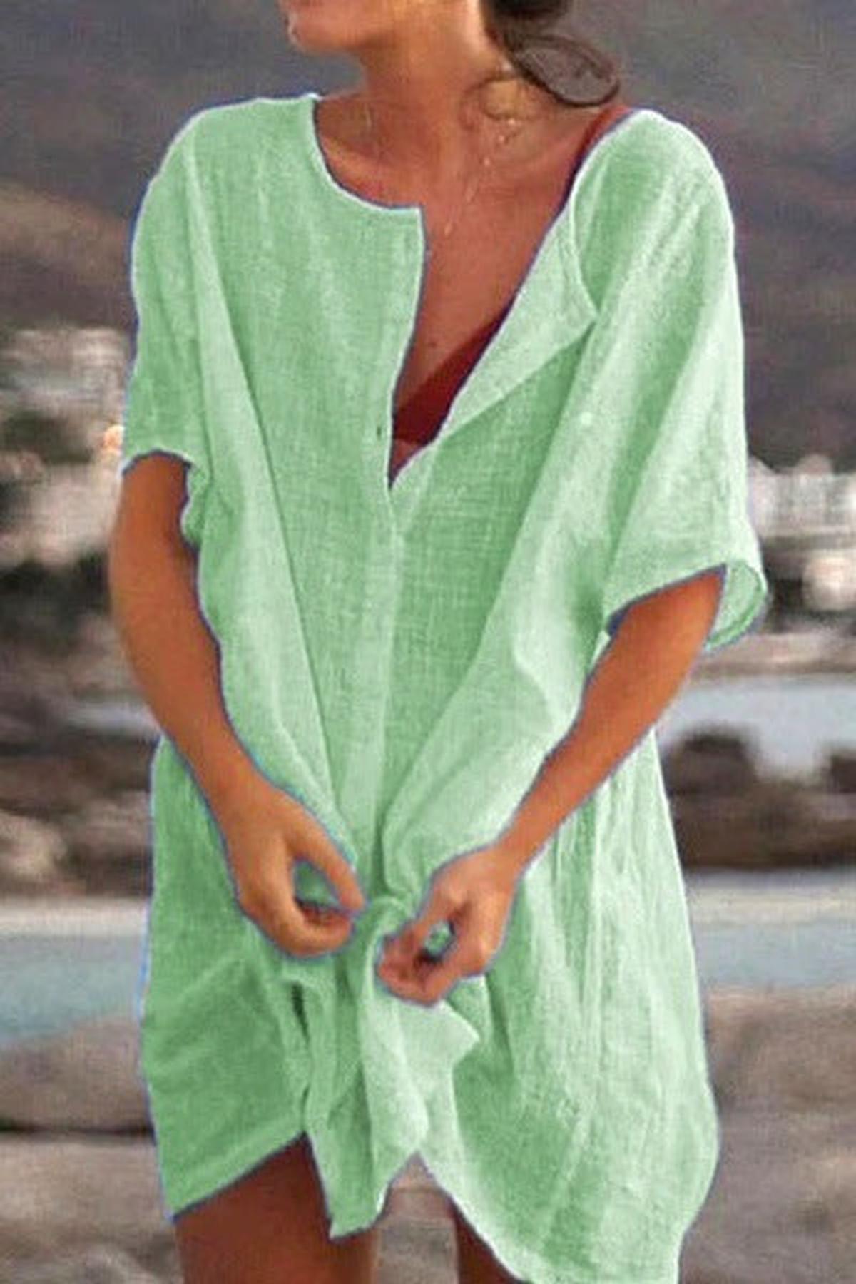 Midi Summer Dress Women - Knee Length Dress with Button Accents