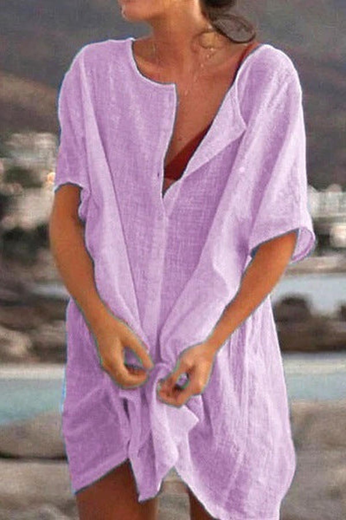 Midi Summer Dress Women - Knee Length Dress with Button Accents