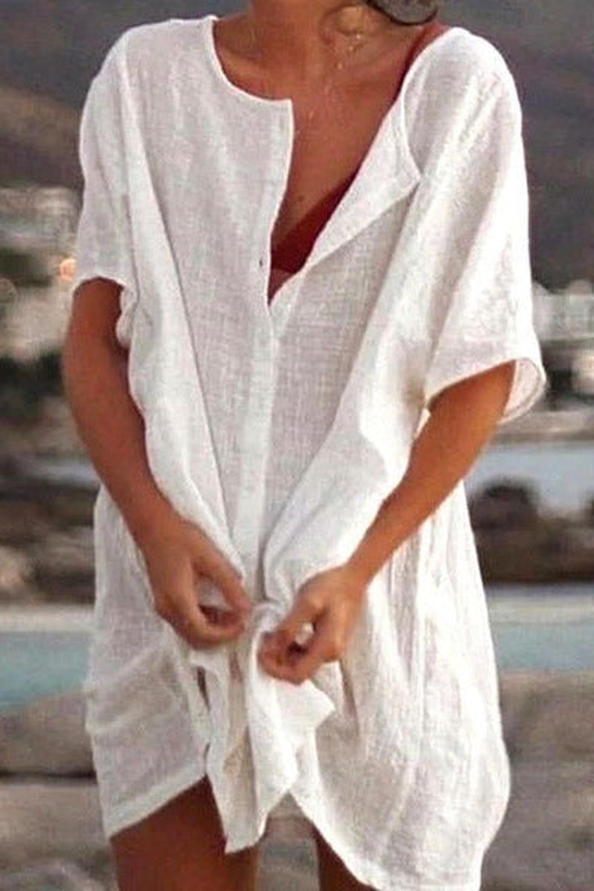 Midi Summer Dress Women - Knee Length Dress with Button Accents