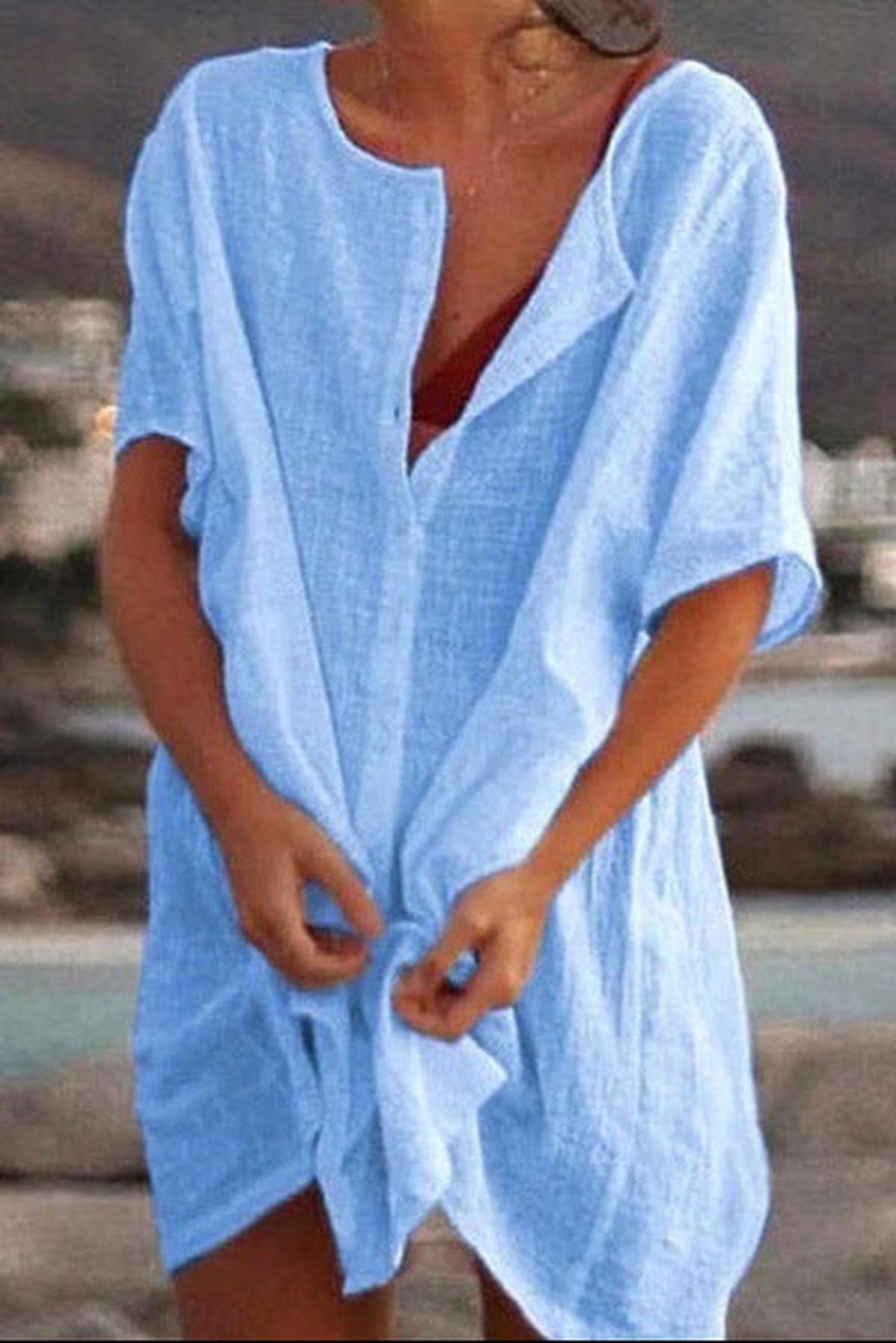 Midi Summer Dress Women - Knee Length Dress with Button Accents