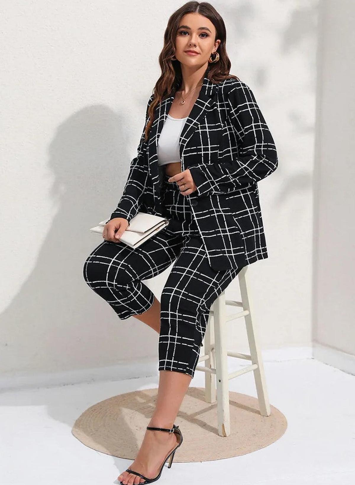 Plus Size Geruite Pakset met Op Maat Gemaakte Pasvorm