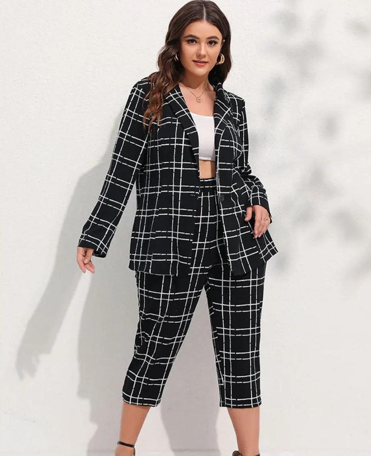 Plus Size Geruite Pakset met Op Maat Gemaakte Pasvorm