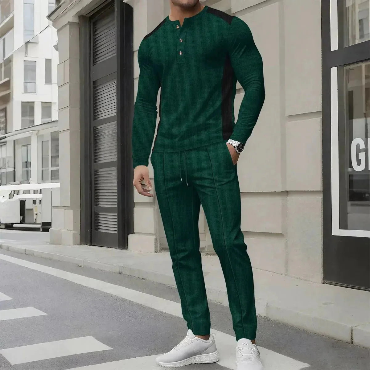 Slim Fit Wafelstructuur Casual Twee-Delige Sport Outfit