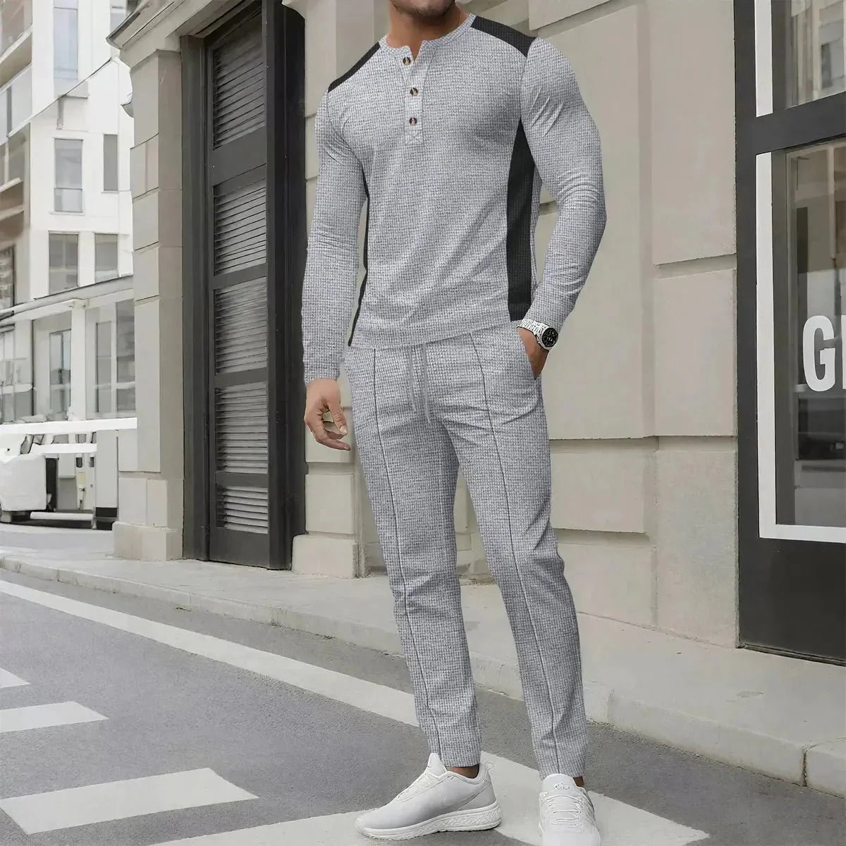 Slim Fit Wafelstructuur Casual Twee-Delige Sport Outfit