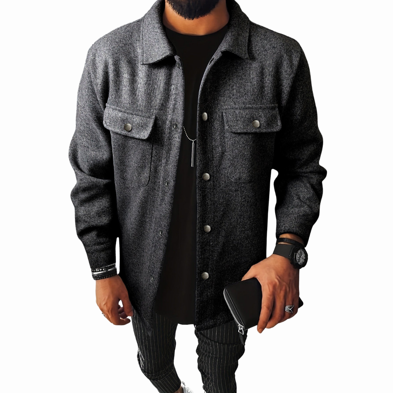 Warm Heren Shacket / Overhemdjas met Borstzakken